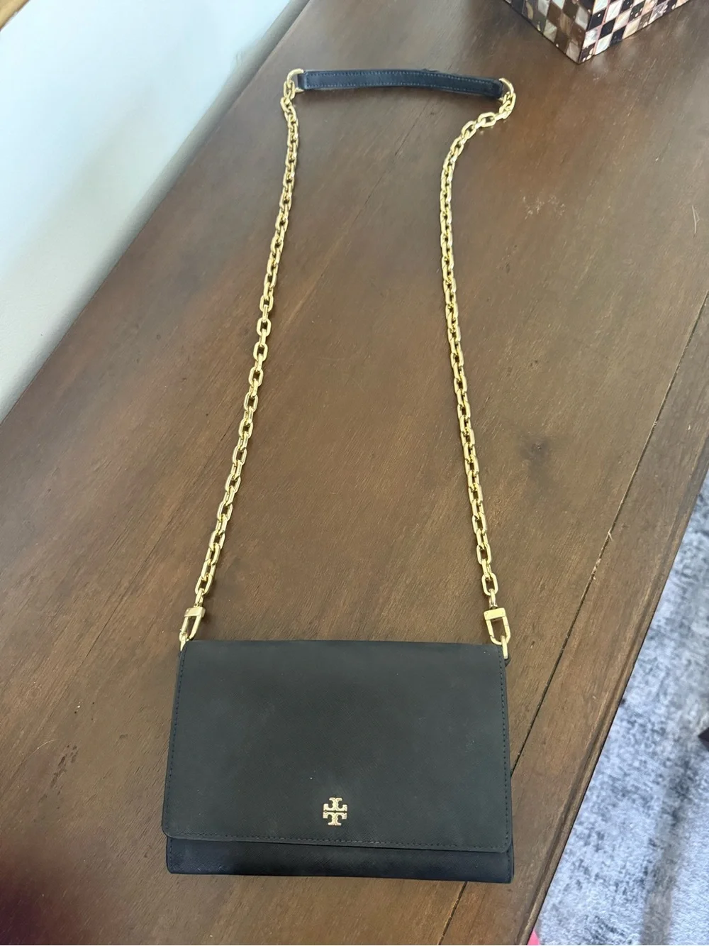 Tory Burch Black Leather Crossbody with Gold Chain